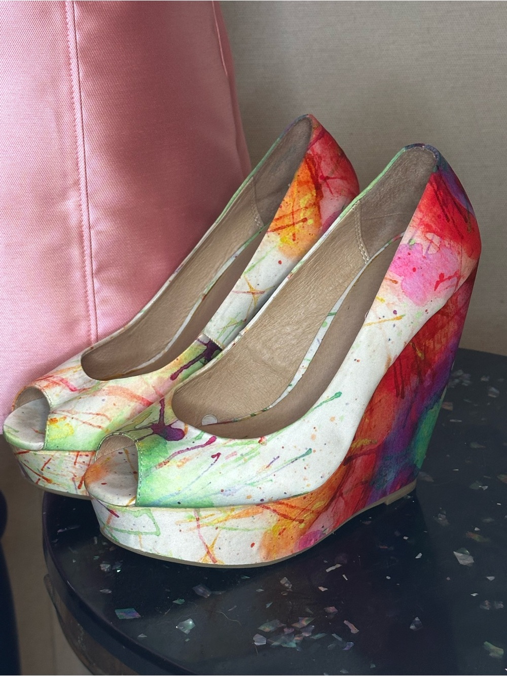 Aldo Multicolor Paint-Splash Wedge Peep-Toe Heels